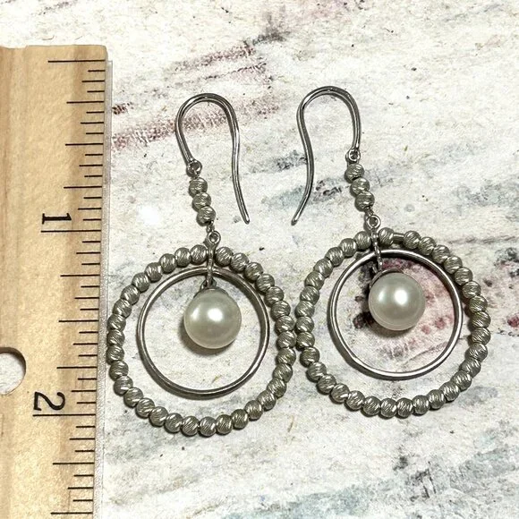 Long Sterling Silver Fresh Water Pearl Fancy Beaded Dangle Earrings Hoop Circle - Picture 7 of 9